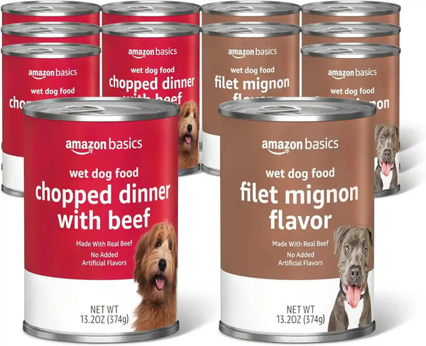 Amazon Basics Chopped Ground Dinner Wet Dog Food Variety Pack, Filet Mignon Flavor and with Beef, Made with Natural Ingredients, 13.2Oz Cans (Pack of 12)1