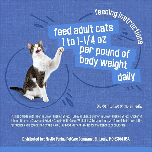 Purina Friskies Wet Cat Food Variety Pack, Shreds with Beef, Turkey and Cheese Dinner, Chicken and Salmon Dinner, and with Ocean Whitefish and Tuna - (Pack of 40) 5.5 Oz. Cans7