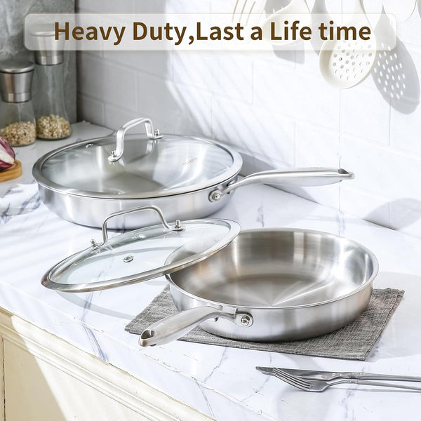 Tri-Ply Stainless Steel Pan,18/10, 12"+Lids | Nontoxic Durable Oven Safe 800℉ All Cooktops Compatible Fast Even Heat PFOA Free Large Frying Pan Nontoxic Cookware6