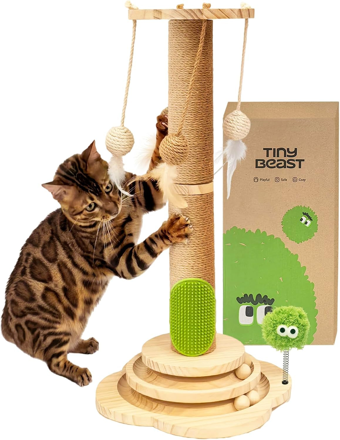 tinybeast-wooden-cat-scratching-post-fot-kittens-4-in-1-cat-scratcher-toy-with-cat-ball-tracks-18-tall-sisal-scratch-post-for-indoor-kittens-interactive-feather-toy-and-2-sisal-hanging-balls