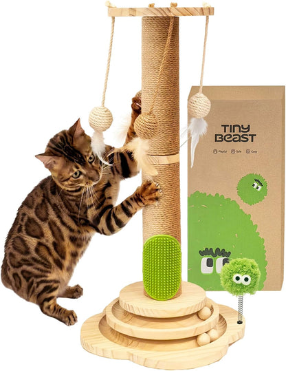 TINYBEAST Wooden Cat Scratching Post Fot Kittens, 4 in 1 Cat Scratcher Toy with Cat Ball Tracks, 18" Tall Sisal Scratch Post for Indoor Kittens, Interactive Feather Toy and 2 Sisal Hanging Balls9