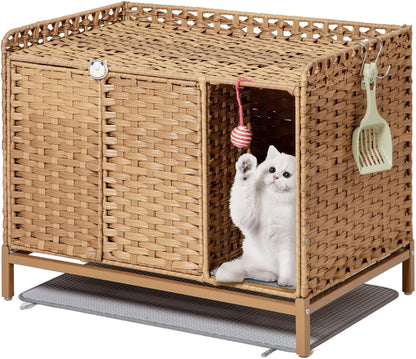 SETVSON Cat Litter Box Plant Furniture Enclosure, Rattan PE House, Natural | Decorative Planter Design, Removable Top for Easy Cleaning, Includes Artificial Plants, Real Stones, 20 X 20 Inches8