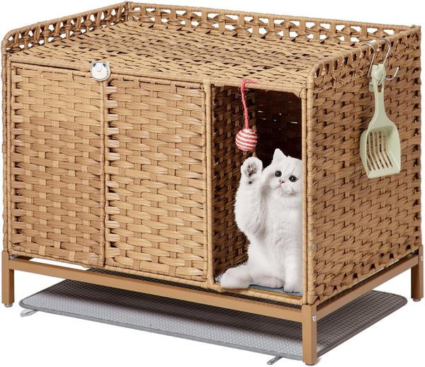 SETVSON Cat Litter Box Plant Furniture Enclosure, Rattan PE House, Natural | Decorative Planter Design, Removable Top for Easy Cleaning, Includes Artificial Plants, Real Stones, 20 X 20 Inches8