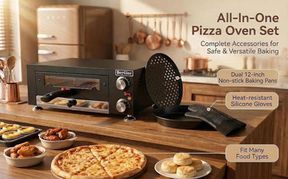 Electric Pizza Oven Indoor,12 Inch Countertop Pizza Maker with Viewing Window,Stainless Steel Commercial Pizza Oven, Removable Handle,Dual Baking Trays and Oven Mitts6