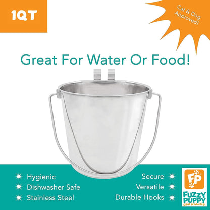 Fuzzy Puppy Flat Sided Pail with Dual Hooks, Snugly Fit on Dog, Cat and Critter Crates & Cages, Heavy Duty Stainless Steel | 1 Quart, 12-Pack (PN: FSP-1-12PK)4