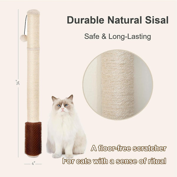 Wall Mounted Cat Scratcher, 34” Extra-Tall Vertical Sisal Scratching Post for Large Cats, Space-Saving Wall Cat Scratcher with Self Grooming Brush & Hanging Ball, Beige3