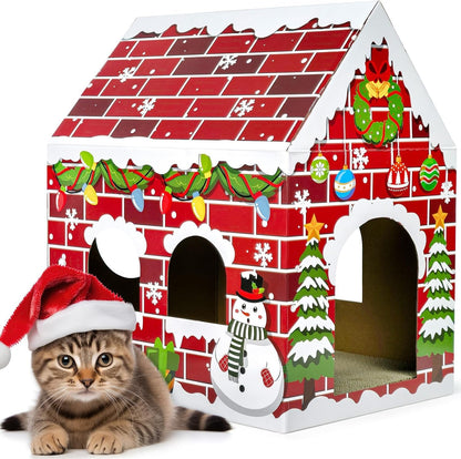 Cinrobiye Cardboard Cat House with Scratcher, Indoor Cat Condo Cat Cave Hideout with Scratch Pad, Cardboard Cat Playhouse Bed for Cats, Kittens, Rabbits & Small Pets (Mushroom)10
