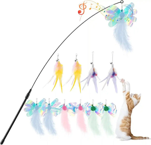 Pawaboo Feather Teaser Cat Toy - Interactive Wand with Extra Long 34.5" Wand and Small Bell, Fun Exerciser Playing Toy for Kittens or Cats, Brown Feather20