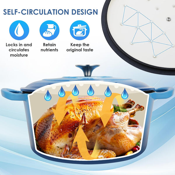 6 Qt Enameled Cast Iron Dutch Oven Pot with Lid，Oven Safe up to 500° F, Heavy-Duty Non-Stick Dutch Oven with Dual Handles for Bread Baking, Fry Foods, Braising, Stews, Roasting (Blue)2