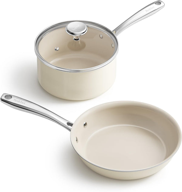 Nonstick Mini Cookware Set, 8"Ceramic Fry Pan 2.5Qt Sauce Pan with Lid, Fryingpan & Pots Set, Induction Compatible, Nontoxic, Oven Dishwasher Safe, PTFE & PFOA Free, Beige1