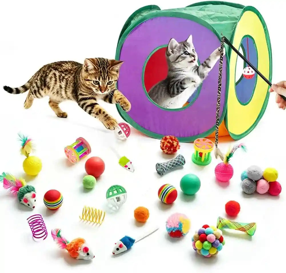 retro-shaw-33-pack-cat-toys-for-indoor-cats-collapsible-kitty-tunnel-tent-with-feather-teaser-wand-springs-balls-bell-mouse-interactive-kitten-hideaway-playhouse-15-7-inches