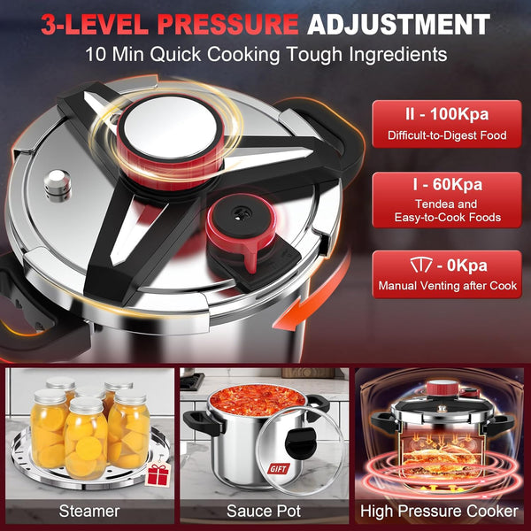 3-In-1 304 Stainless Steel Pressure Cooker 8 QT: [Save 70% Time] | [3 PSI Settings], One-Hand Locking Pressure Canner, Induction Compatible Olla De Presion, Glass Lid & Steamer Rack Included5