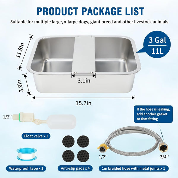 BWOGUE 3 Gal Automatic Dog Water Dispenser, Stainless Steel Bowl for Dogs | Automatic Dog Water Bowl Dispenser, Float Valve Control, Outdoor Use, Easy to Mount & Clean, Large Dogs, Cats, Chickens2