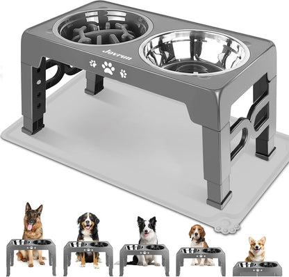 Jovrun Elevated Dog Bowls for Medium Large Size Dogs, Non-Slip Dog Feeder with 1*Stainless Steel Dishes & 1*Slow Feeder Bowl, 5 Heights Adjustable Raised Bowls to 3.15″-8.66″-9.84″-11.02″-12.2″16