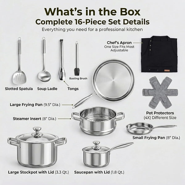 Stainless Steel Cookware Set, 16-Piece Pots and Pans Set Non Toxic, Kitchen Induction Cookware with Glass Lids, Steamer, Utensil Sets, Pot Protectors & Apron, Oven & Dishwasher Safe, Silver2