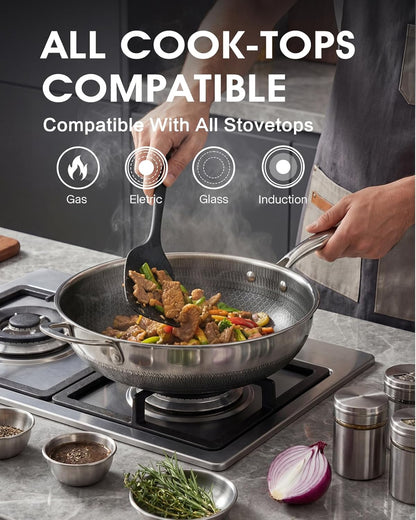 Wok Pan,Hybrid 12 Inch Wok with Lid Stainless Steel Wok | PFOA Free,Non Stick,Stainless Steel,Oven Safe,Compatible with All Cooktops.3