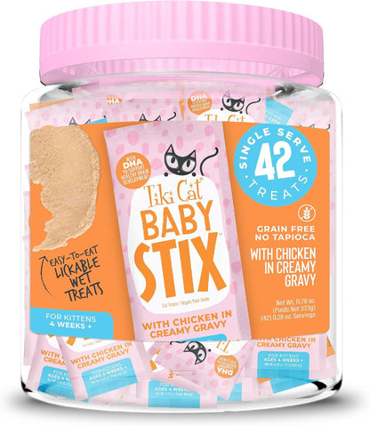 Tiki Cat Baby Stix Wet Cat Treats, Chicken in Creamy Gravy, 0.28 Oz. Sachets (42 Count Jar)1