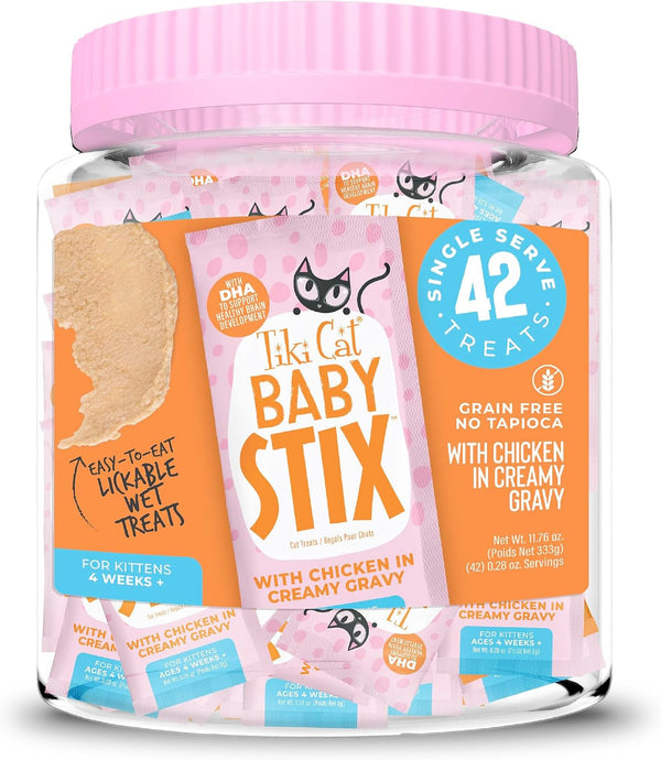Tiki Cat Baby Stix Wet Cat Treats, Chicken in Creamy Gravy, 0.28 Oz. Sachets (42 Count Jar)1