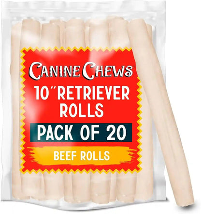 Canine Chews 10-11" Rawhide Bones for Large Dogs, Durable USA Beefhide Dog Rawhide Chews, Retriever Rolls 20 Pack (5 Lbs)9