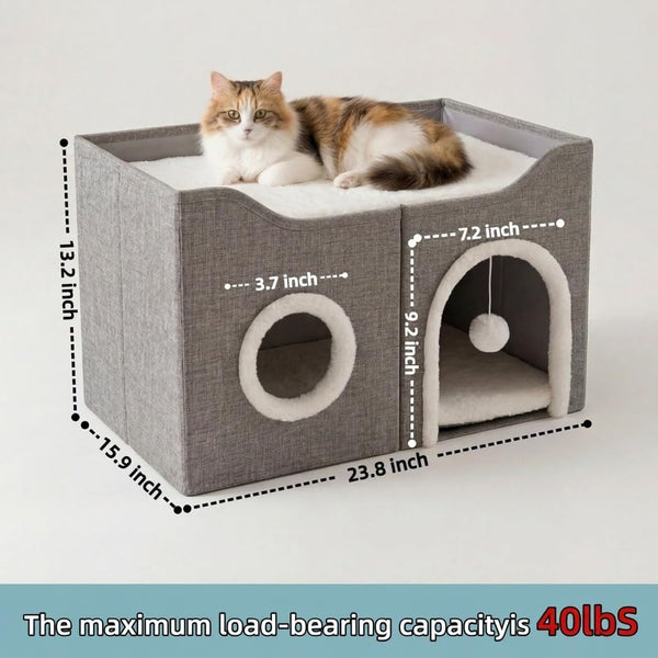 Eolahalcy Cat Beds for Indoor Cats - Large Cat Cave for Pet Cat House with Fluffy Ball Hanging and Scratch Pad, Foldable Cat Houses for Large Indoor Cats,Cat Hideaway, 23.8X15.9X13.2 Inches, Grey3