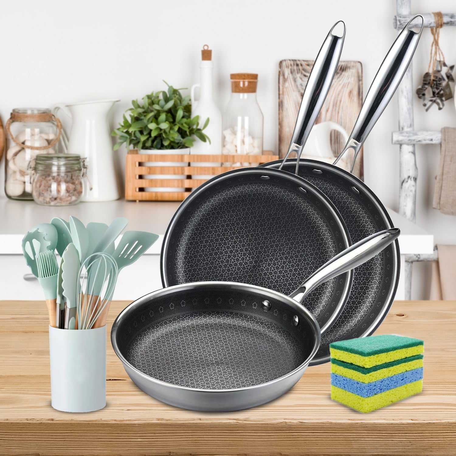 tri-ply-stainless-steel-frying-pan-set-19-piece-nonstick-skillet-cookware-set-with-3-fry-pans-9-5-10-25-11-inch-induction-compatible-kitchen-utensils-included