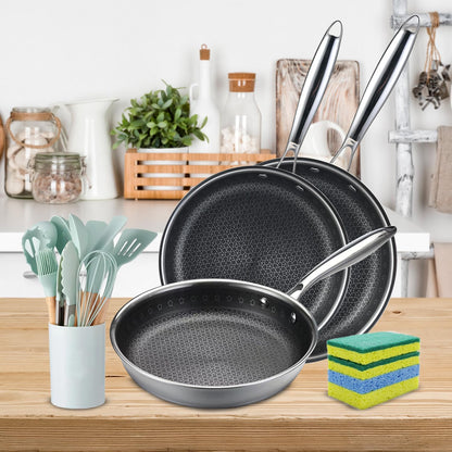 Tri-Ply Stainless Steel Frying Pan Set, 19 Piece Nonstick Skillet Cookware Set with 3 Fry Pans 9.5 10.25 11 Inch, Induction Compatible, Kitchen Utensils Included2