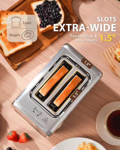 2 Slice Touchscreen Toaster with Digital Countdown & Bagel Mode | 1.5" Wide Slots, Single-Side Toasting, Bread, Waffle & Muffin Presets, Memory, 6 Shade Settings, Defrost & Reheat2