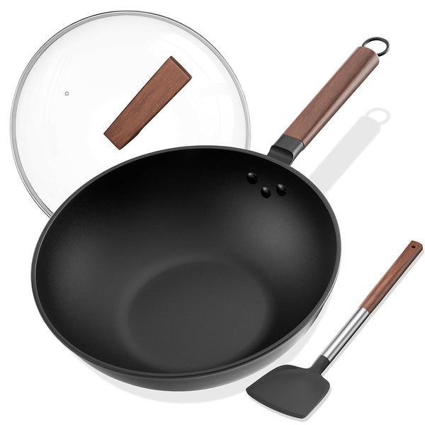 13 Inch Wok with Glass Lid & Silicone Spatula, Naturally Non‑Stick | Pre‑Seasoned 5.6 Quart Carbon Steel Woks & Stir-Fry Pans with Flat‑Bottom, PFOA & Ptfe‑Free Chinese Cookware for All Cooktops1