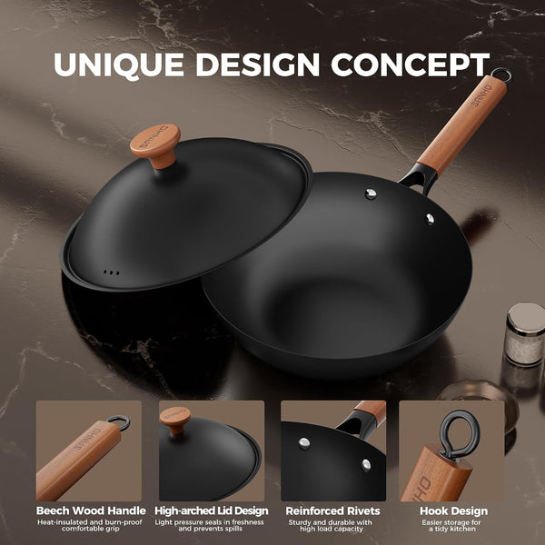 12 Inch Carbon Steel Wok Pan, 4QT Woks & Stir-Fry Pans Nonstick with Lid, No Seasoning Required & 0 Coating, Compatible with All Cooktops & Utensils for Stir Fry, Pan-Fry, Steam, Camping4