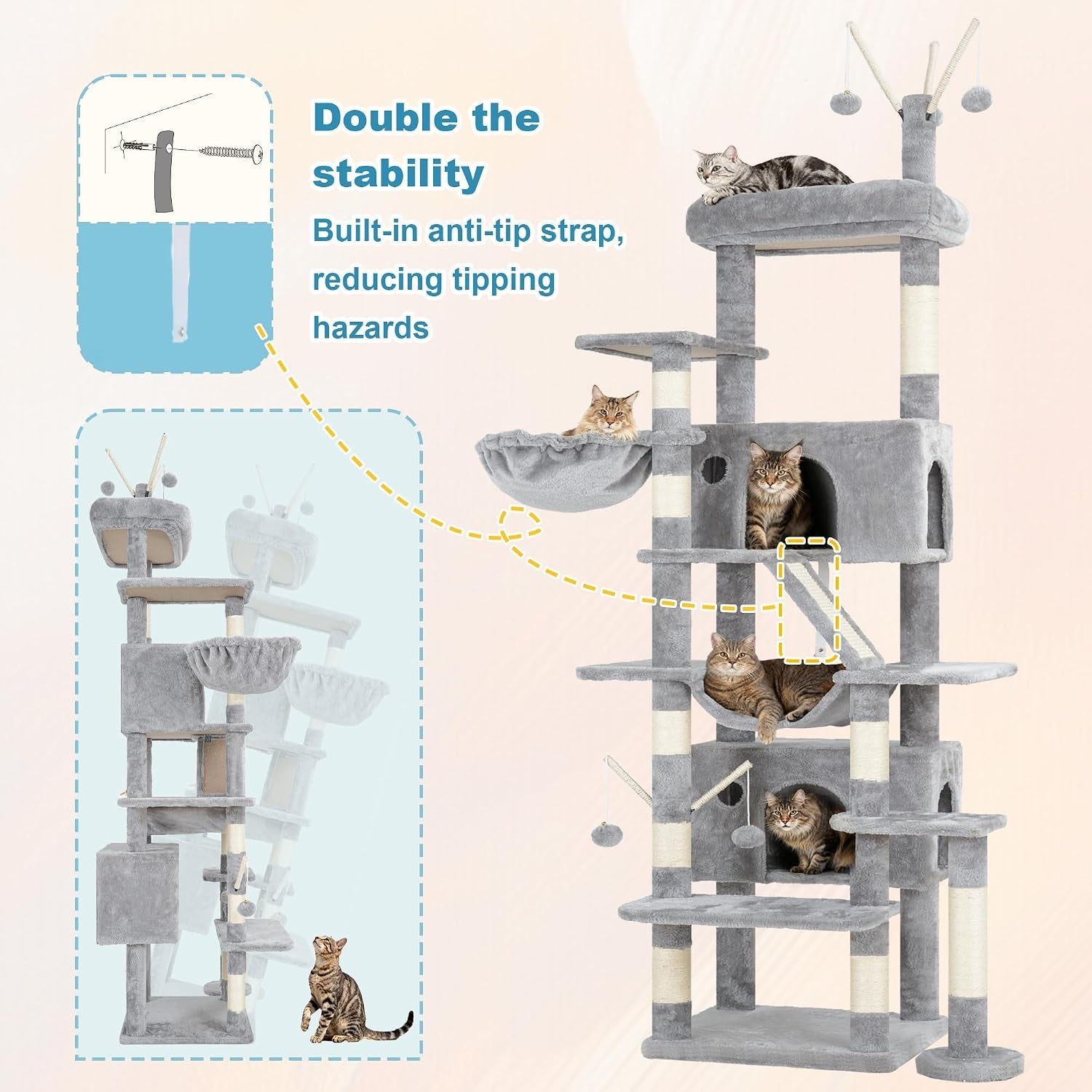 hey-brother-cat-tree-tower-with-sturdy-supporting-posts-2-condos-mpj082w-82-7-inches-multi-level-cat-tower-with-5-teaser-toys-sisal-scratching-posts-large-bed-hammock-for-indoor-cats-light-gray