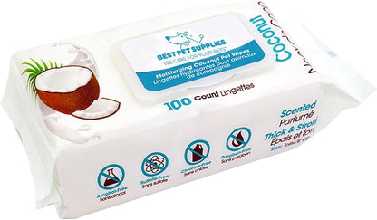 Best Pet Supplies Cleaning Dog Wipes - Moisturizing Coconut 100 Count | Coconut Scented, Large 8X9" Pet Wipes, Vitamin E, Puppy & Cat Safe, Gentle Grooming, Resealable Pouch Prevents Drying1