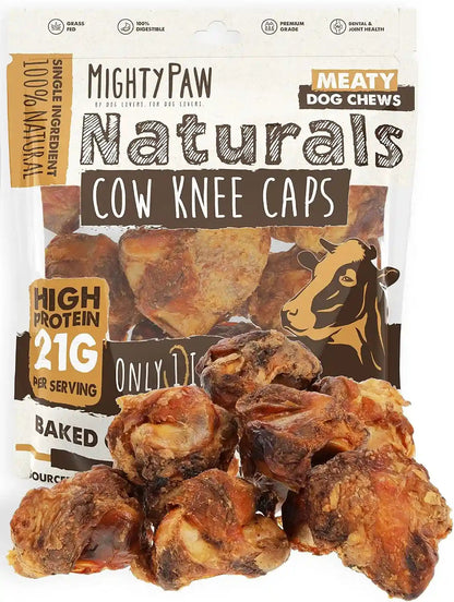 Mighty Paw Naturals Cow Knee Caps Dog Bones, 8 Pack, 100% Natural Beef | Single Ingredient, Dog Bone, Grade A, Baked, Grass-Fed, Hand Packaged in USA, 21G Protein per Serving, Meaty 2-In-1 Chew1