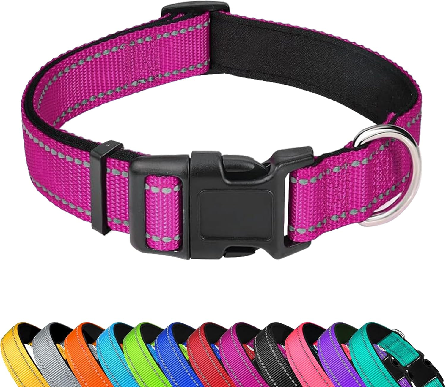 reflective-dog-collar-adjustable-soft-neoprene-padded-teal-m-breathable-nylon-for-medium-dogs-tear-resistant-webbing-chafe-free-on-walks-and-hikes-metal-d-ring-night-safety