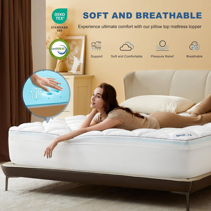 Queen Mattress Topper 4-Inch Dual Layer Memory Foam Mattress Topper | Mattress Topper for Back Pain, Dual Layer Medium Support (2" Gel Memory Foam + 2" Cooling Fluffy Pillow Top Pad), White4
