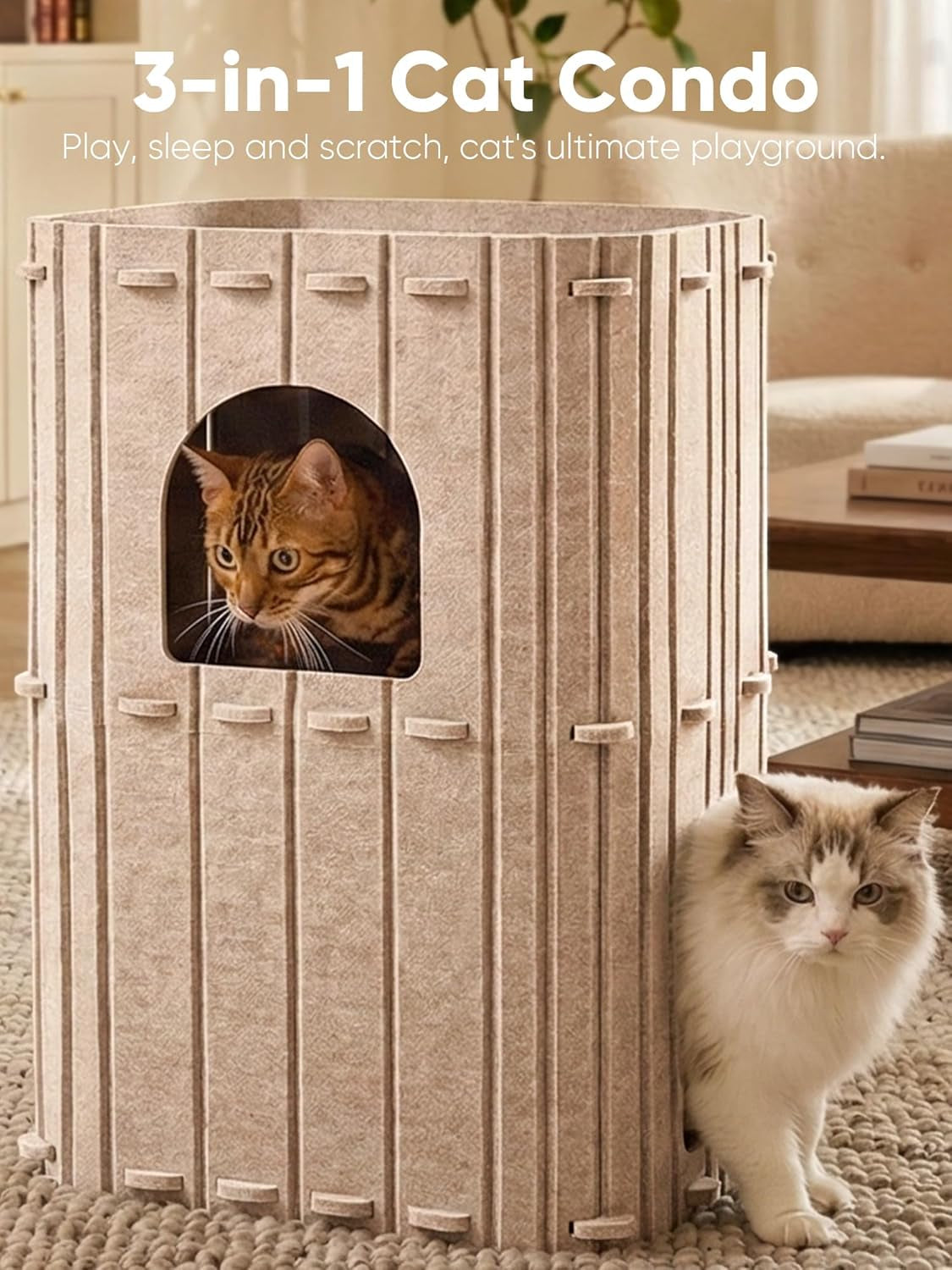 fukumaru-cat-house-for-indoor-cats-warm-felt-cat-bed-scratch-resistant-large-cat-bed-cave-3-in-1-cat-condo-cozy-felt-covered-cats-tunnel-23-62-inch-kitten-hideaway-for-multicats-beige