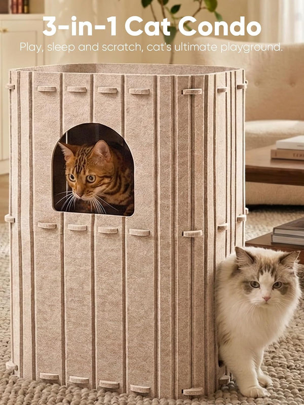 FUKUMARU Cat House for Indoor Cats, Warm Felt Cat Bed, Scratch Resistant | Large Cat Bed Cave, 3-In-1 Cat Condo, Cozy Felt Covered Cats Tunnel, 23.62 Inch Kitten Hideaway for Multicats, Beige2