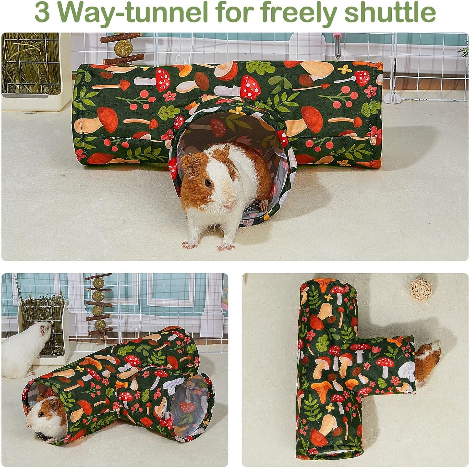 bienbee-guinea-pig-tunnel-3-way-washable-guinea-pig-hideout-foldable-rabbit-tunnel-guinea-pigs-toys-for-bunny-hamster-chinchilla-ferret-rabbit-guinea-pigs-accessories-mushroom-guinea-pig-hideout-portable-tubes-with-cute-print-high-dense-fabric-for-small-pets-hiding-resting-playing-and-exploring