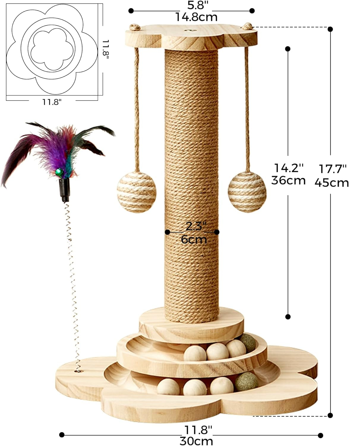cat-scratching-post-for-kittens-4-in-1-wooden-cat-scratcher-toy-17-7-tall-scratch-post-with-2-level-cat-track-balls-interactive-feather-toy-and-2-sisal-hanging-balls-for-indoor-kittens