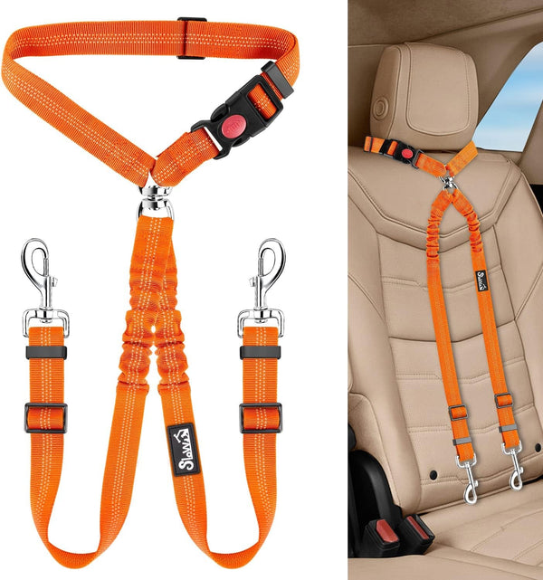 Lukovee Double Dog Seat Belt, Dual Pet Car Headrest Restraint Safety Seatbelt No Tangle Dog Leash Duty Adjust Elastic Bungee Puppy Lead Splitter Connect Harness in Vehicle Travel for 2 Dogs,Black12