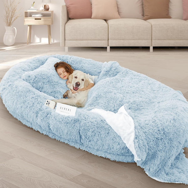 ROOMTEC Human Dog Bed, 71''X45''X12'' Size Fits Adult and Pet Washable Giant People Bed 10 CM Thick Memory Foam Large Oversize Pet Bed with Plump Pillow, Blanket, Strap - Grey17