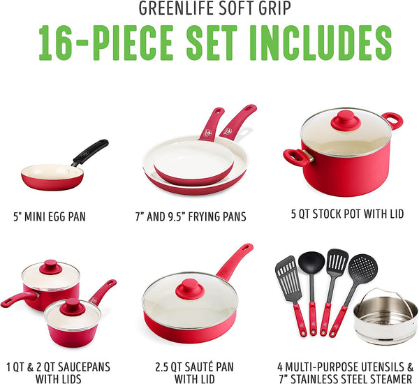 16 Piece Nonstick Cookware Set, Soft Grip Non-Toxic Pfas-Free Ceramic Pots & Pans, Dishwasher & Oven Safe, Frying, Sauce, Saute, Utensils, Glass Lids, Stay-Cool Handles, Wobble Free, Red3