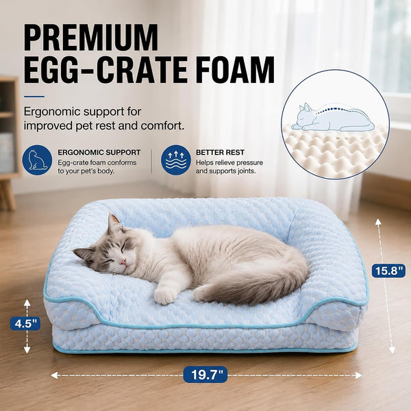 Cooling Cat Bed for Indoor Cats, 19.7 X 15.8 in Supportive Pet Sofa with Egg-Crate Foam, Breathable Cool-Touch Fabric, Washable Bolster Bed for Cats and Small Dogs5