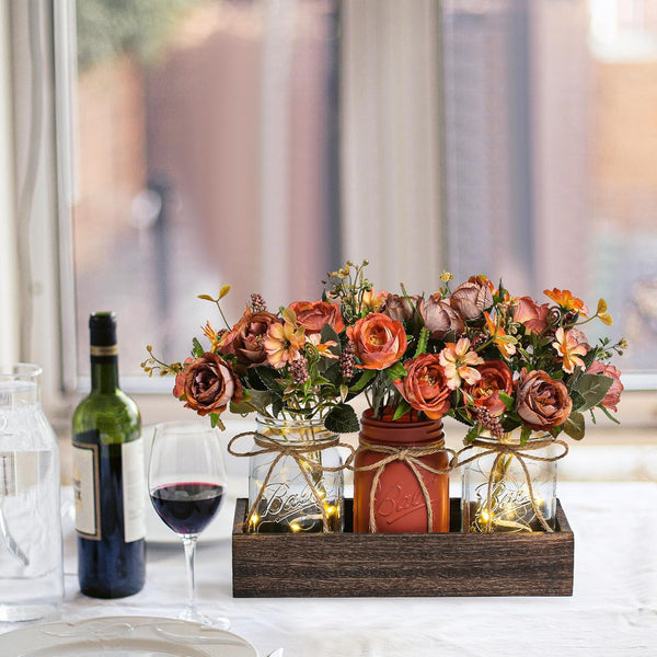 3 Pcs Mason Jar Centerpiece Table Decorations for Dining Table Decor Farmhouse Coffee Table Decor with Wood Tray and Led Light Table Centerpieces for Dining Room Kitchen Living Bathroom,Orange | Rustic Farmhouse Decor for Home Décor Accents Kitchen Counter Decor Dining Room Living Bathroom,Orange4