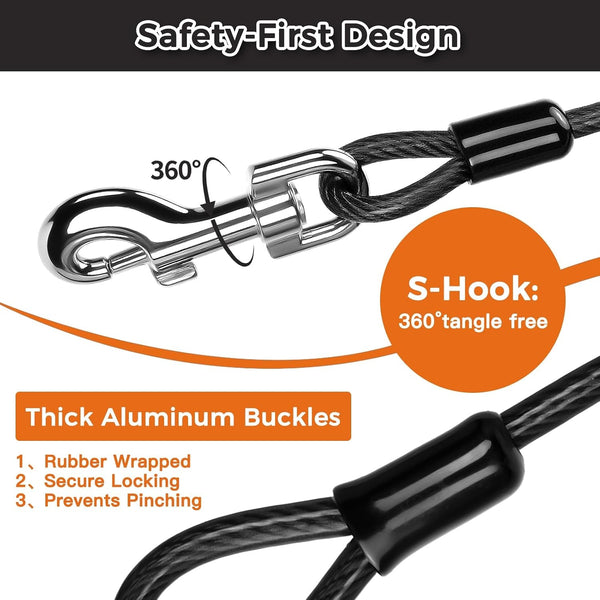 Chew Proof Dog Leash Extender, 2FT 5Mm Metal Lead Extension, 360° Tangle-Free for Walking & Training Puppies, Fits Small/Medium/Large Dogs, Collar & Harness Compatible (Black/Orange/Blue)5