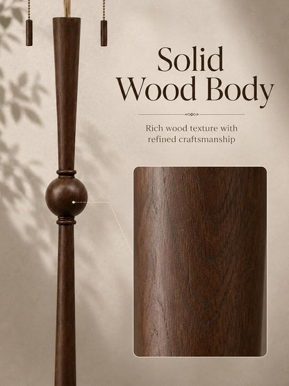 Solid Wood Floor Lamp for Living Room,Pull Chains Standing Lamp | 62.8" Tall,17" White Drum Shade,Sculptural Wood Base & Stem,2-Light Design,Standing Lamp for Bedroom,2 Bulbs Included5