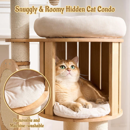 50" Modern Cat Tree for Indoor Cats Small to Medium, Solid Wood Cat Tower with Sisal Scratching Posts, Cat Scratcher Cardboard, Cozy Cat Beds & Hidden Cat Condo, Multi-Level Cat Furniture4