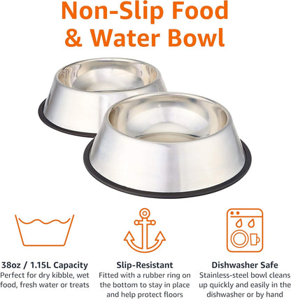 Amazon Basics Stainless Steel Non-Skid Dog Water and Food Bowls, Dishwasher Safe, Rust Resistant, 38Oz Capacity, 10 X 2.8 Inches, 2-Pack3