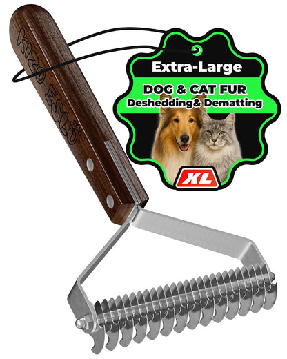 Extra Large 2-Sided Undercoat Rake for Dogs & Cats, Dog Brush for Shedding Remove Mats, Dematting Comb, Safe&Gentle Grooming Brush for German Shepherds Medium to Long-Haired Pets,Premium Wooden Handle9