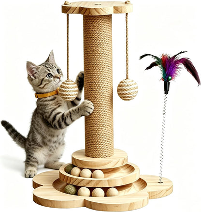 Cat Scratching Post for Kittens, 4 in 1 Wooden Cat Scratcher Toy, 17.7" Tall Scratch Post with 2 Level Cat Track Balls, Interactive Feather Toy and 2 Sisal Hanging Balls for Indoor Kittens1