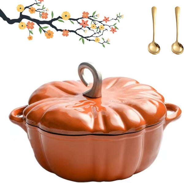 Pumpkin Dutch Oven Pot with Lid, with Lid and Cutlery, Enameled Cast Iron Dutch Oven, Pumpkin Cocotte, Serves 3-5, for Cooking, Porridge, Hot Milk, Stewing Soup, Etc. (Orange)1